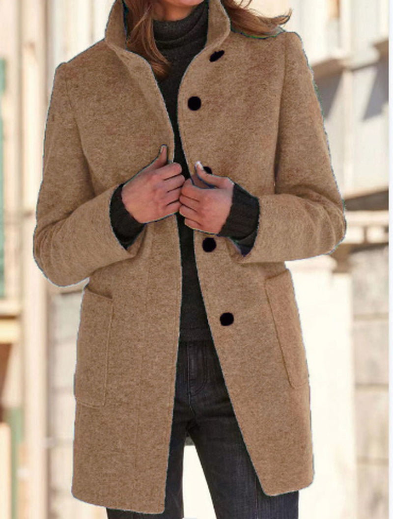Fashion Stand Collar Woolen Coat with Pockets Fall Winter Casual Button Outwear for Women Clothing