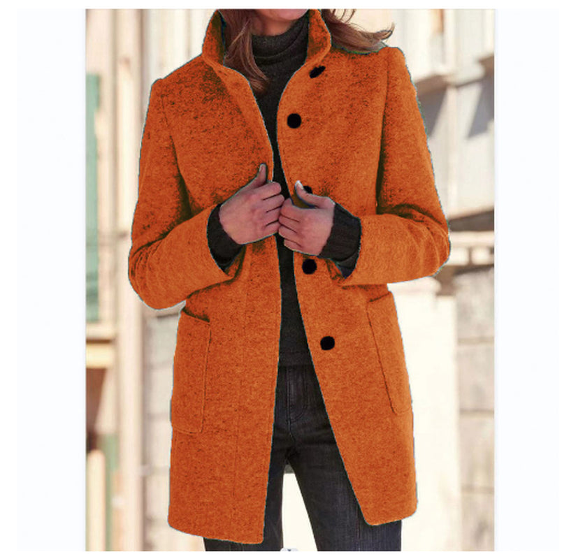 Fashion Stand Collar Woolen Coat with Pockets Fall Winter Casual Button Outwear for Women Clothing