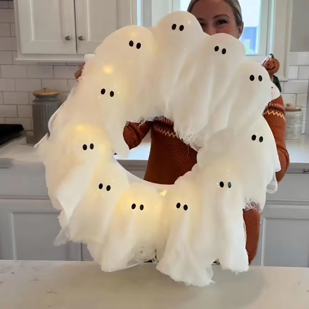 Elegant Halloween Outdoor Wall Decor for a Haunted Entrance- 2025 LED Glow-in-the-Dark Ghost Wreath 