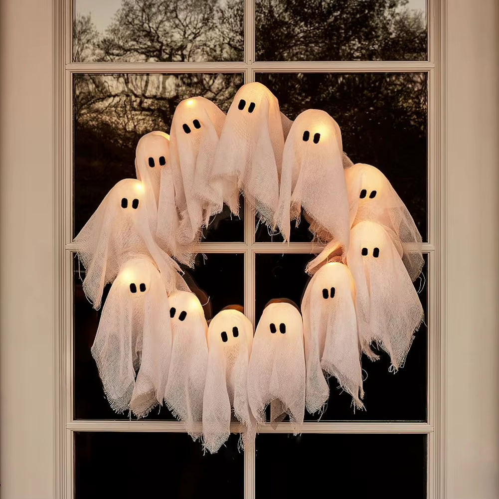 Elegant Halloween Outdoor Wall Decor for a Haunted Entrance- 2025 LED Glow-in-the-Dark Ghost Wreath 