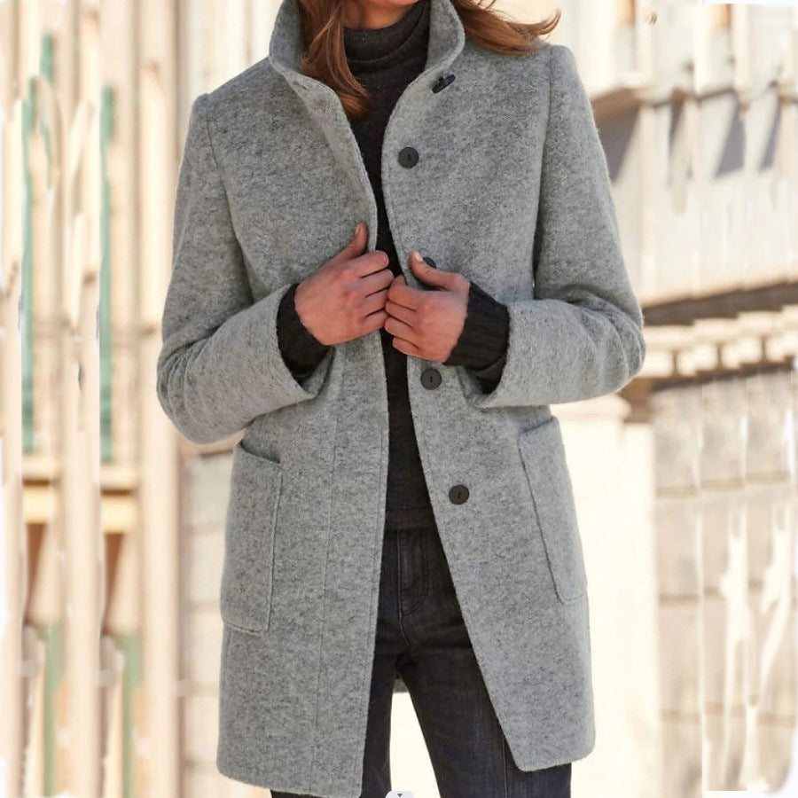 Fashion Stand Collar Woolen Coat with Pockets Fall Winter Casual Button Outwear for Women Clothing