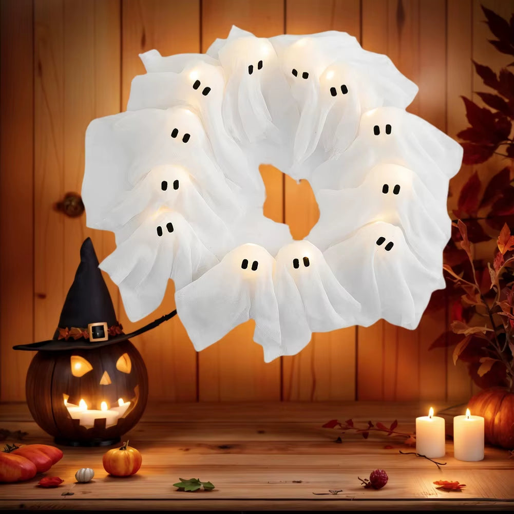 Elegant Halloween Outdoor Wall Decor for a Haunted Entrance- 2025 LED Glow-in-the-Dark Ghost Wreath 