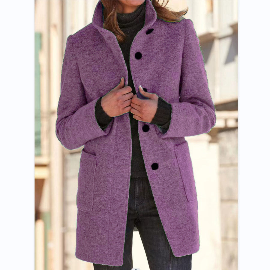 Fashion Stand Collar Woolen Coat with Pockets Fall Winter Casual Button Outwear for Women Clothing
