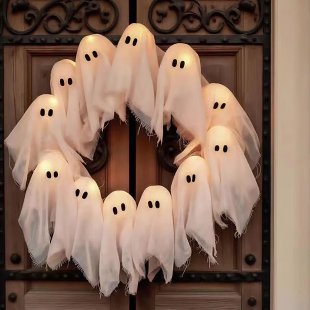 Elegant Halloween Outdoor Wall Decor for a Haunted Entrance- 2025 LED Glow-in-the-Dark Ghost Wreath 