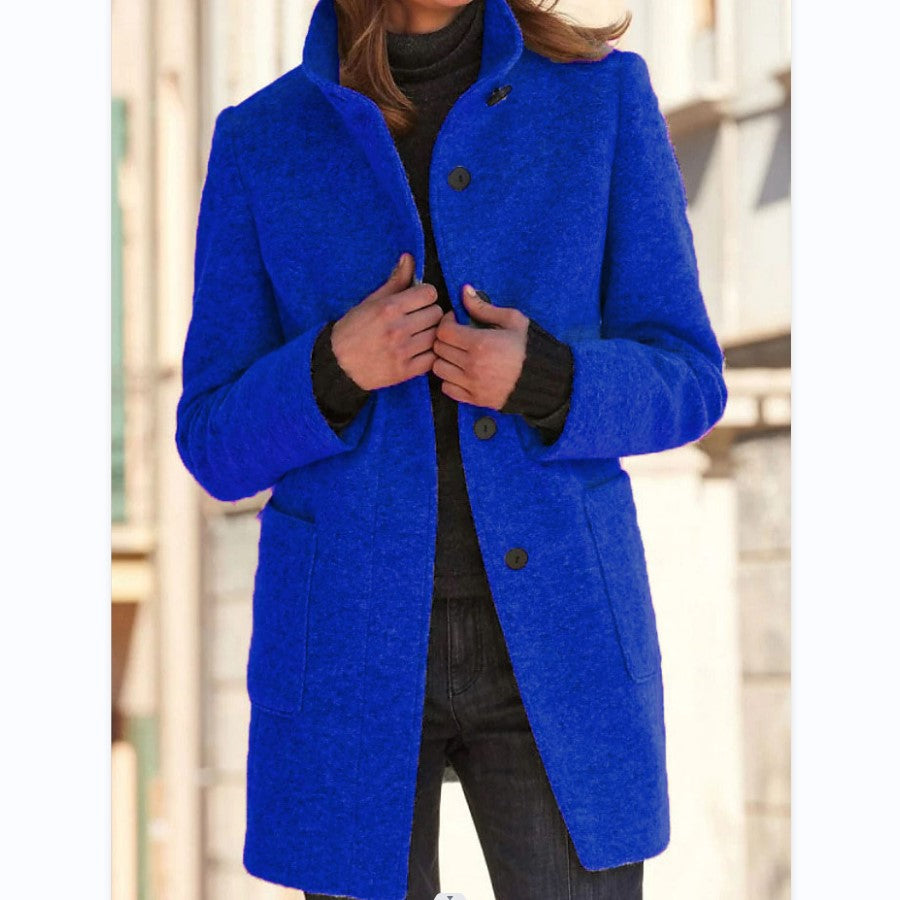 Fashion Stand Collar Woolen Coat with Pockets Fall Winter Casual Button Outwear for Women Clothing