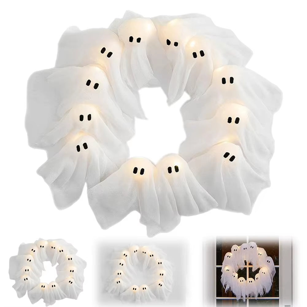 Elegant Halloween Outdoor Wall Decor for a Haunted Entrance- 2025 LED Glow-in-the-Dark Ghost Wreath 