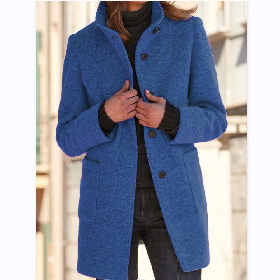 Fashion Stand Collar Woolen Coat with Pockets Fall Winter Casual Button Outwear for Women Clothing