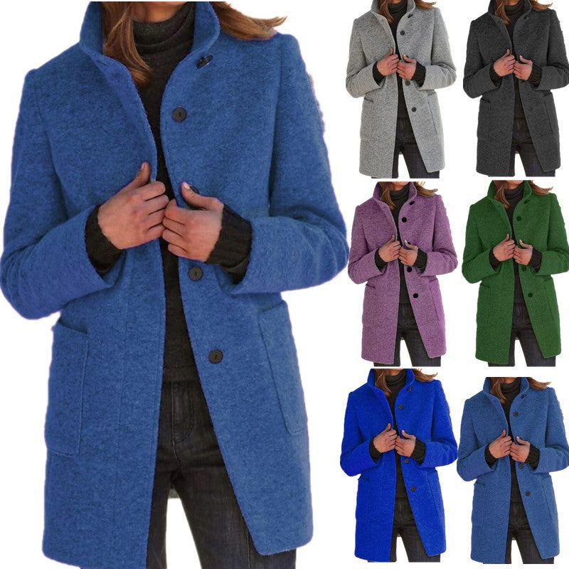 Fashion Stand Collar Woolen Coat with Pockets Fall Winter Casual Button Outwear for Women Clothing